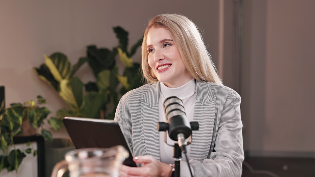 Woman recording podcast with tablet and microphone