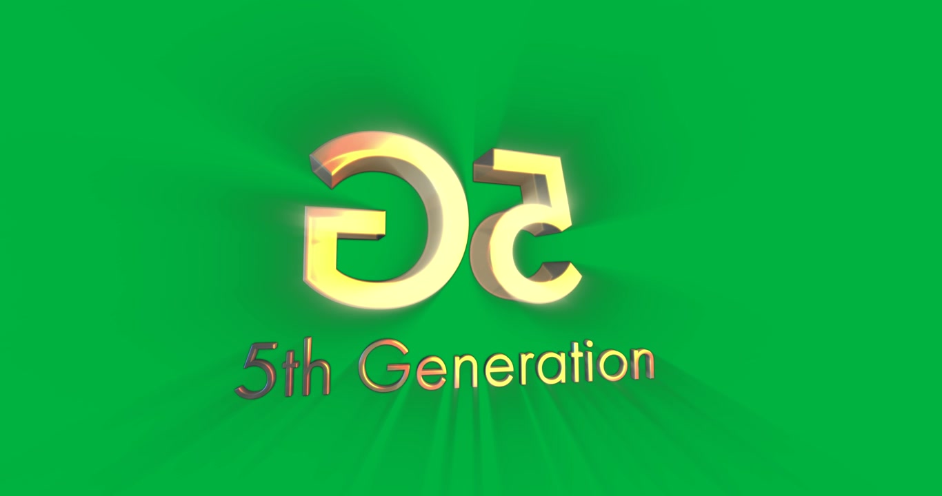 Animation af 5G 5. generations tekst i guldskrift, der roterer på hvid baggrund