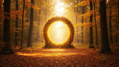 A Captivating Journey Through an Enchanted Forest Portal in Autumn, Illuminated by Golden Light Filtering Through Vibrant Leaves and Create a Mystical Atmosphere