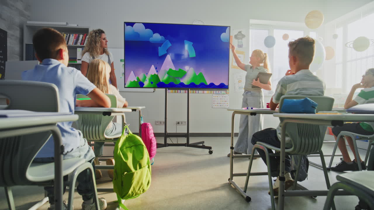 Primary School Girl Showcasing Knowledge of Geography in Front of Class and Teacher Using Digital