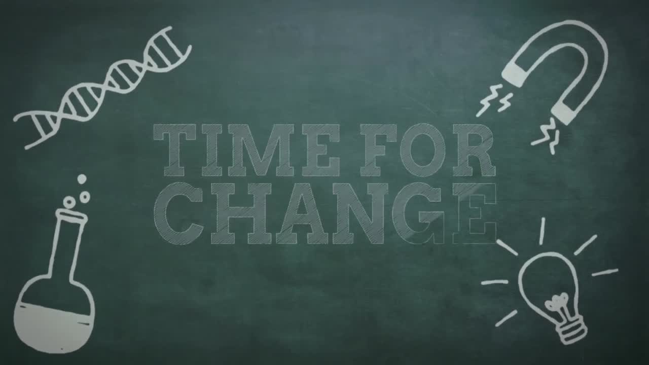 Science concept icons against time for change text on blackboard