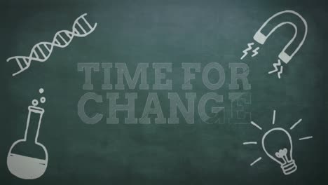 science concept icons against time for change text on blackboard
