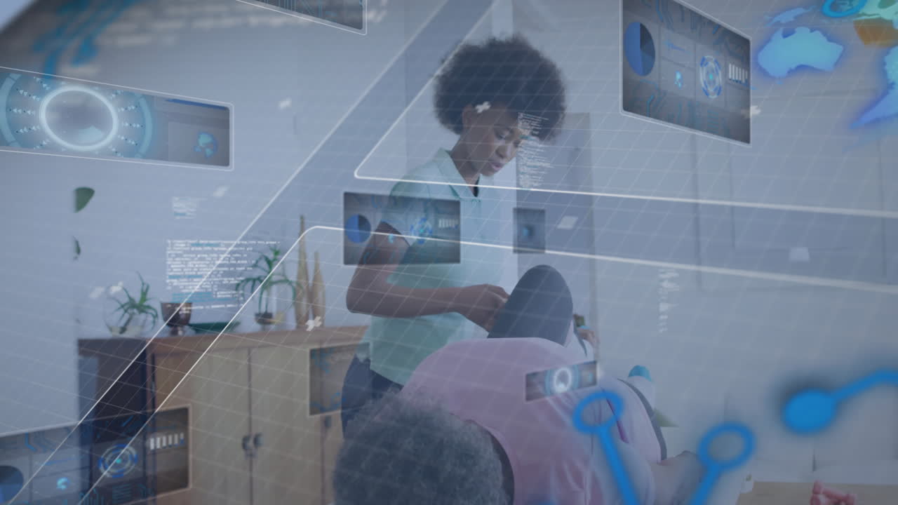 Female therapist providing physical therapy to senior patient, with floating holographic panels