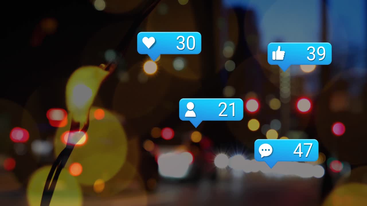 밤의 도시 교통의 흐릿한 시야에 대한 소셜 미디어 아이콘과 빛의 점의 애니메이션