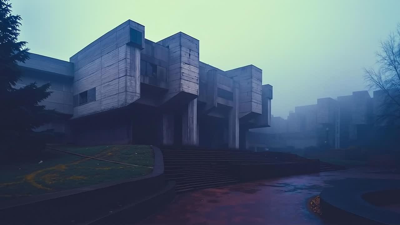 A foggy building with stairs leading up to it
