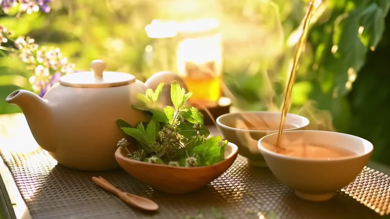 日光が差し込む中でティーセットをサイドから撮影した、湯気が立ち上る暖かく魅力的な動画
