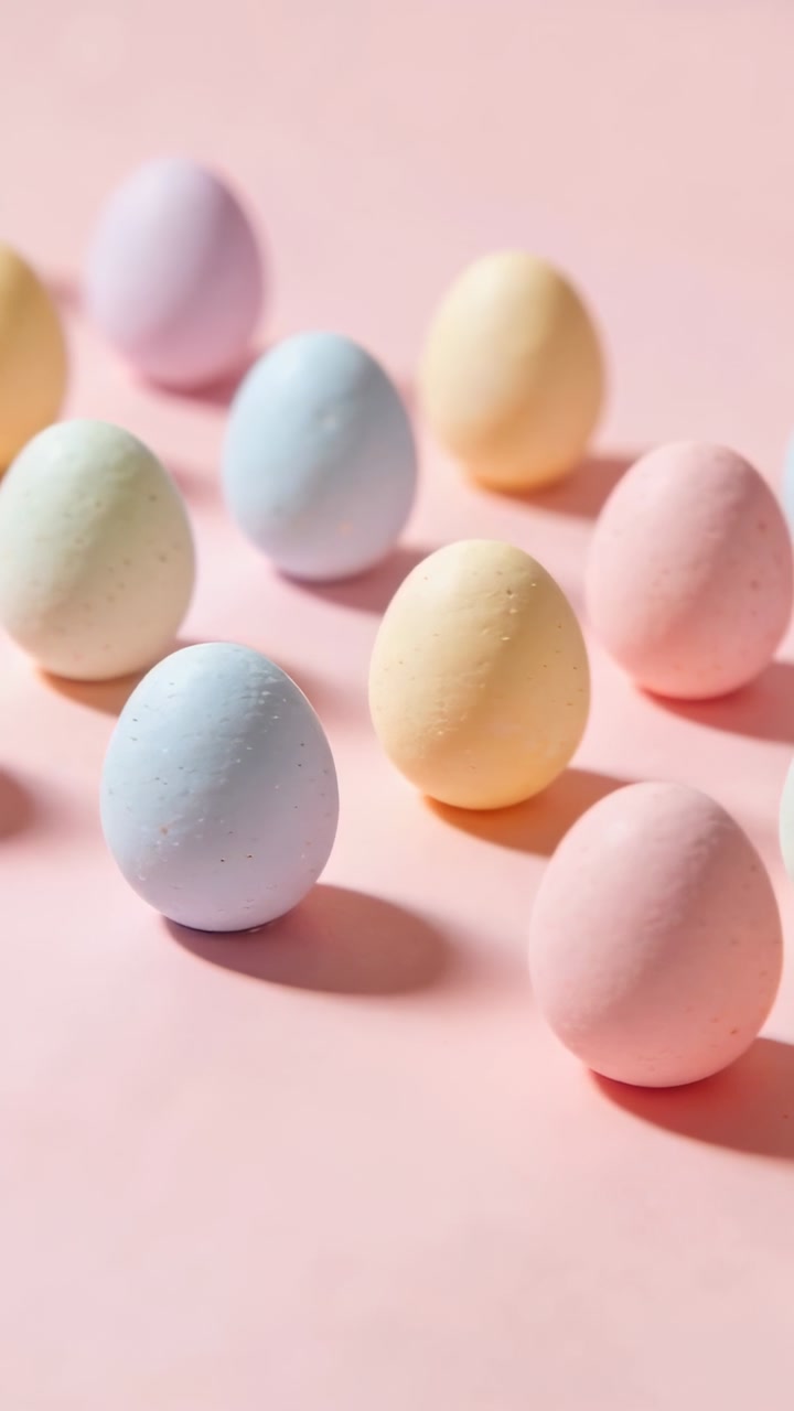 Vertical video: Shifting camera moving left across pink sheet, showing pastel eggs under soft light