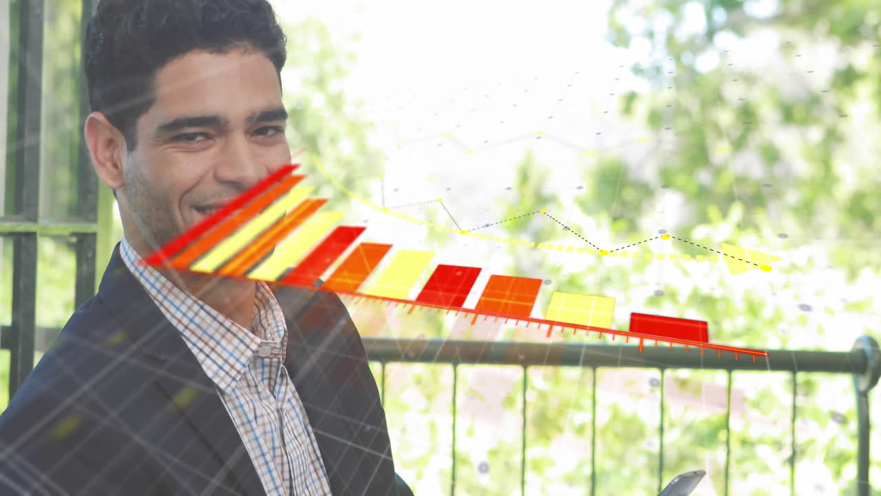 animación de diagrama rojo y amarillo sobre un hombre biracial usando un teléfono inteligente