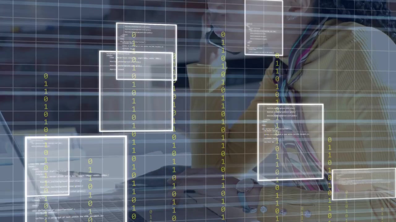 Woman typing on laptop and holding handset, initiating floating data windows for business analysis