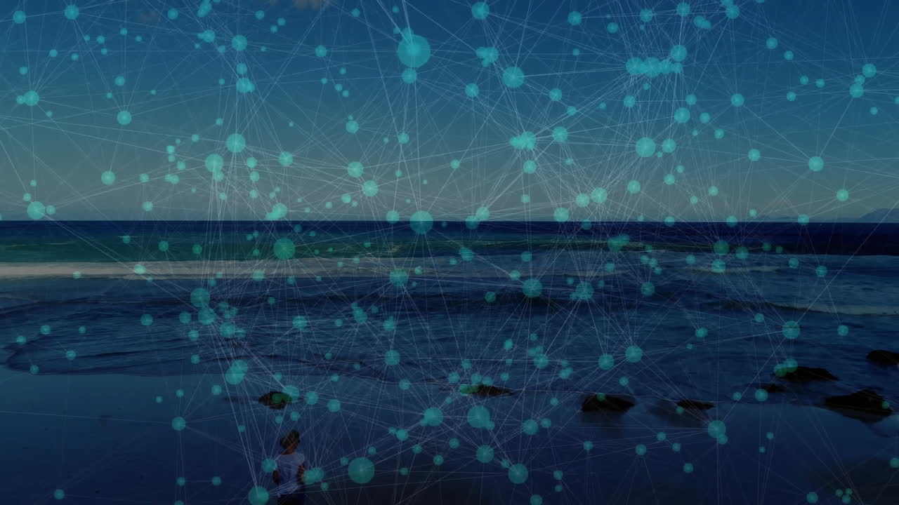 Network of connections and data processing animation over ocean waves at beach