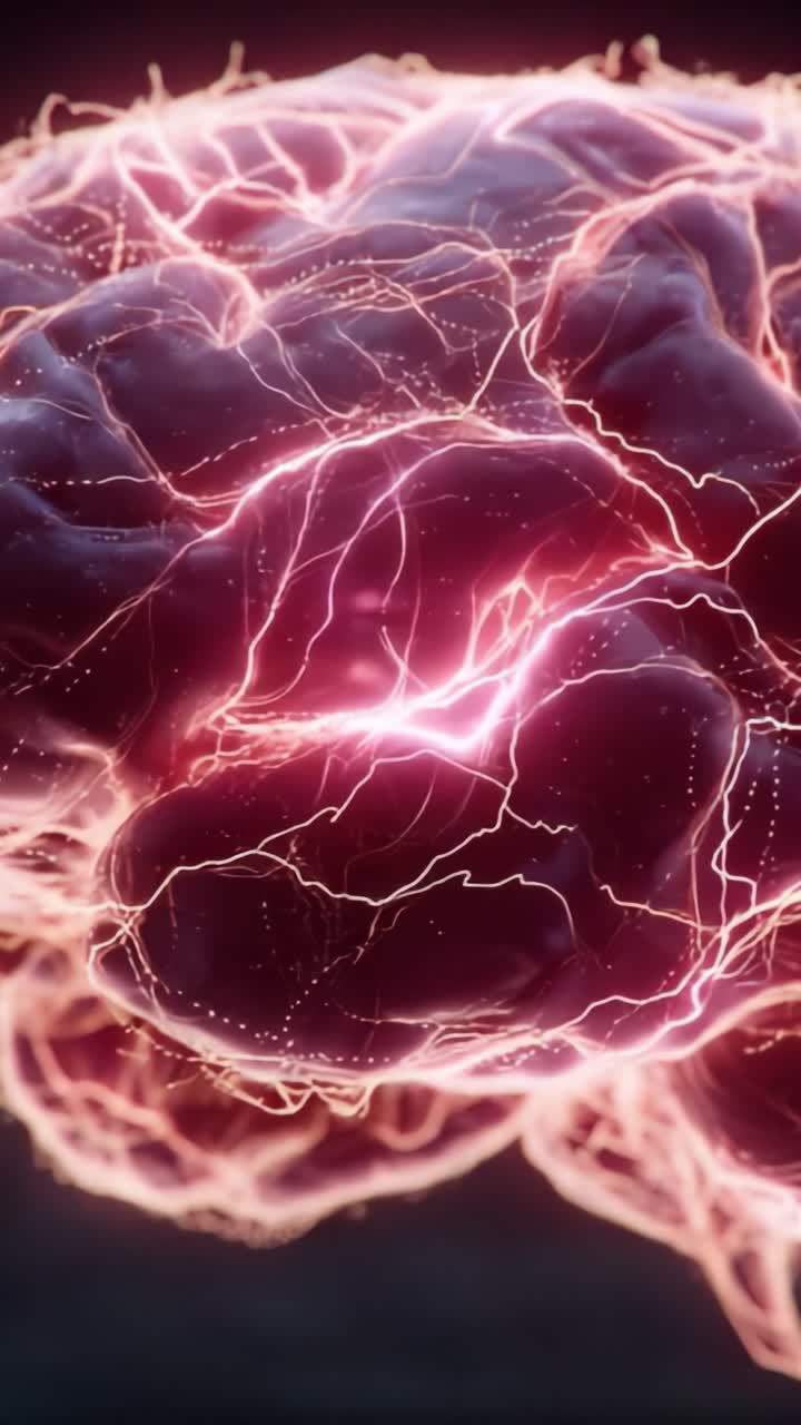 En fantastisk visualisering av en hjerne med elektrisk nevral aktivitet, som fremhever de intrikate forbindelsene og den pulserende energien som strømmer gjennom strukturen