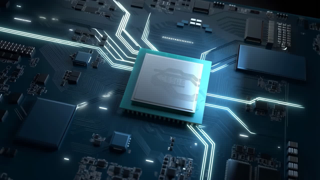 Abstract close-up of an AI processor microchip on a glowing circuit board