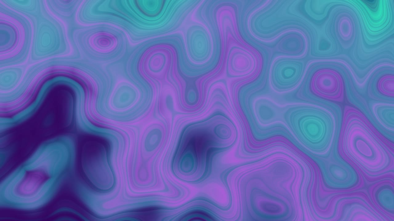 Turquoise and purple abstract flowing background with organic layered liquid shapes and concentric wave patterns, smooth color transitions for rotating loopable animation design