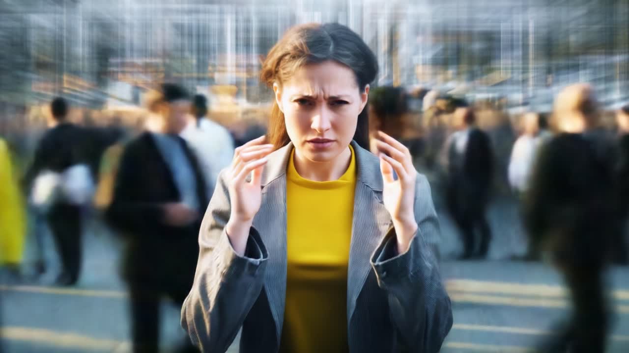 An overwhelmed woman stands amidst a chaotic crowd, struggling with tension and anxiety as the blurred figures around her symbolize the noise and distractions of modern life