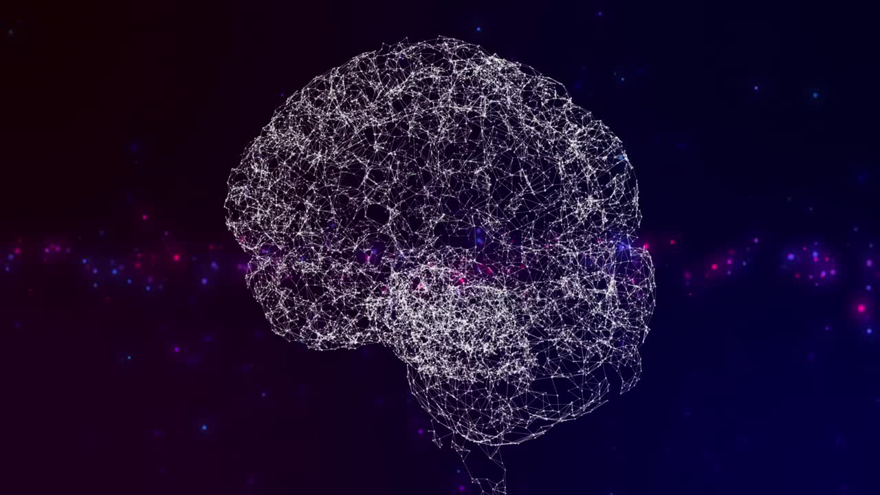 Human brain icon spinning against blue and pink spots of light on blue background