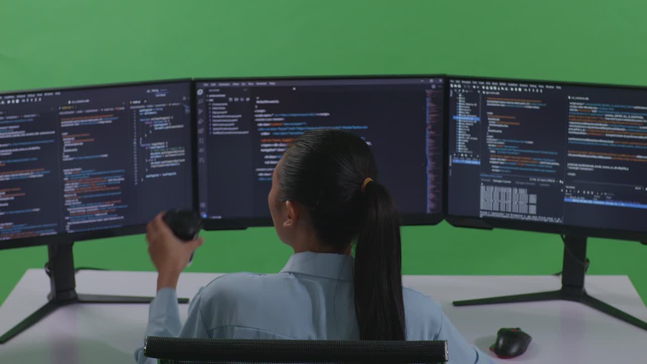 mujer programadora trabajando en múltiples monitores con café