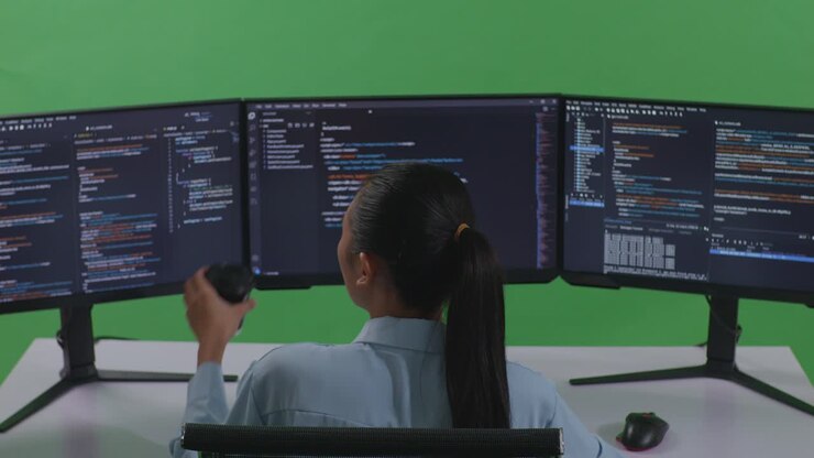 Woman Programmer Working on Multiple Monitors with Coffee