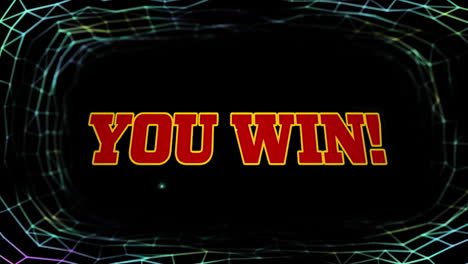 animation of you win text over light trail lines on black background
