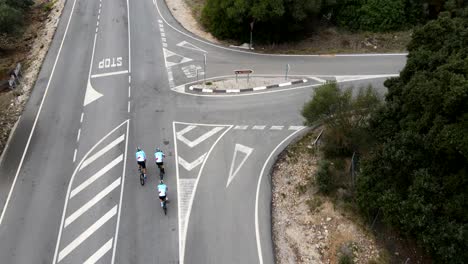 Imágenes-De-Drones-De-Ojo-De-Pájaro-De-Tres-Ciclistas-Del-Equipo-Recorriendo-Una-Carretera-Asfaltada-A-Través-Del-Campo-Español,-Con-Grandes-árboles-Que-Bordean-La-Carretera