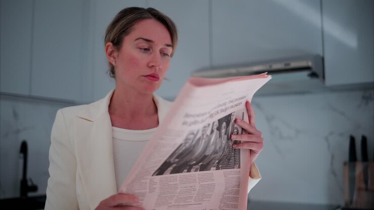 Woman in a white blazer reading the newspaper in the kitchen