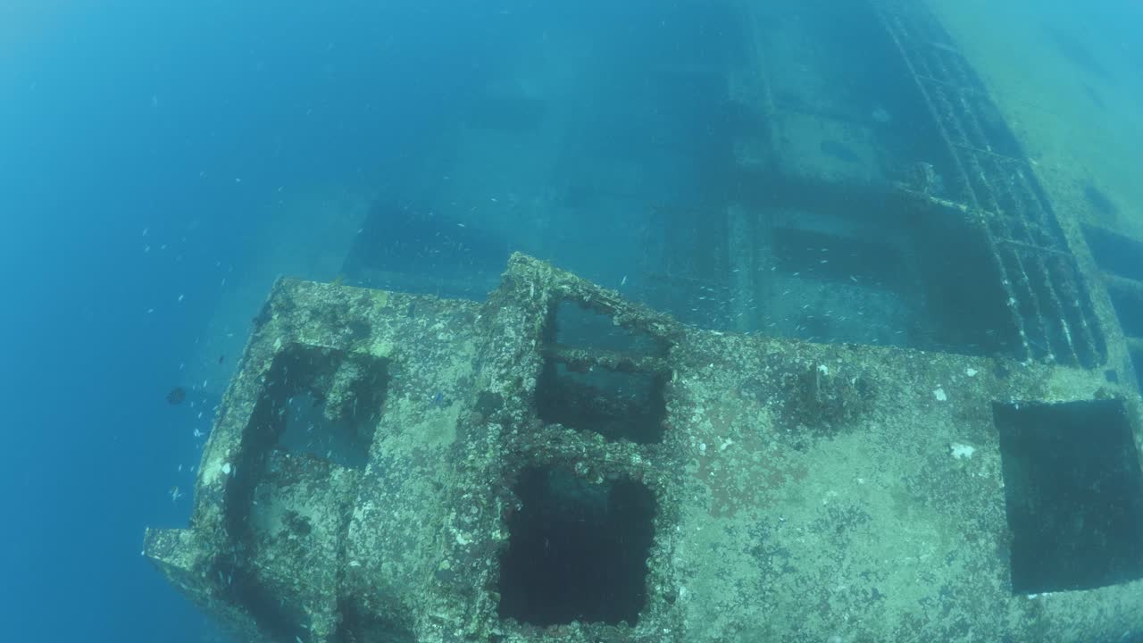 Underwater footage of the sunken shipwreck of the ex Australian Navy boat the HMAS Tobruk to provide an artificial reef for scuba divers