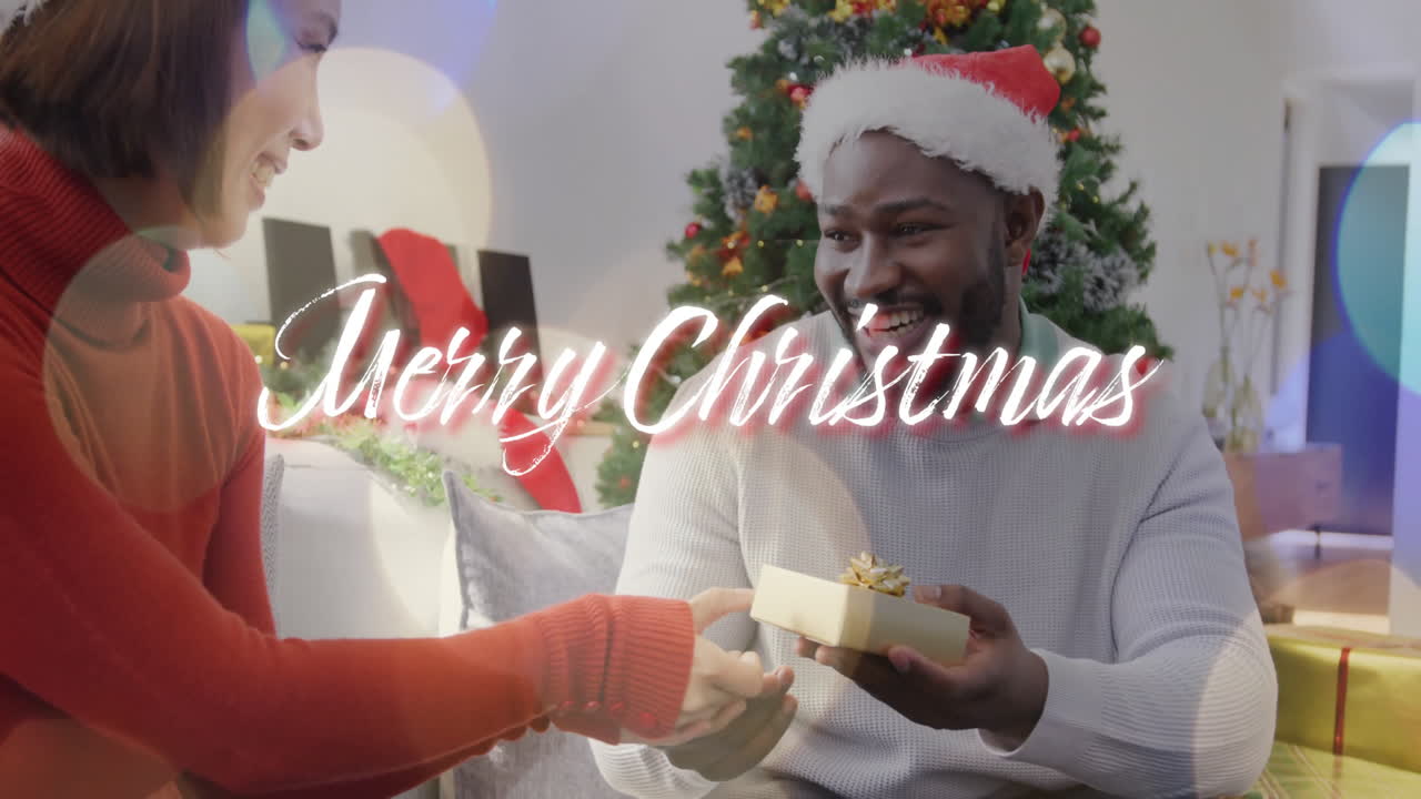 intercambio de regalos, feliz navidad texto animación sobre la escena festiva de las vacaciones