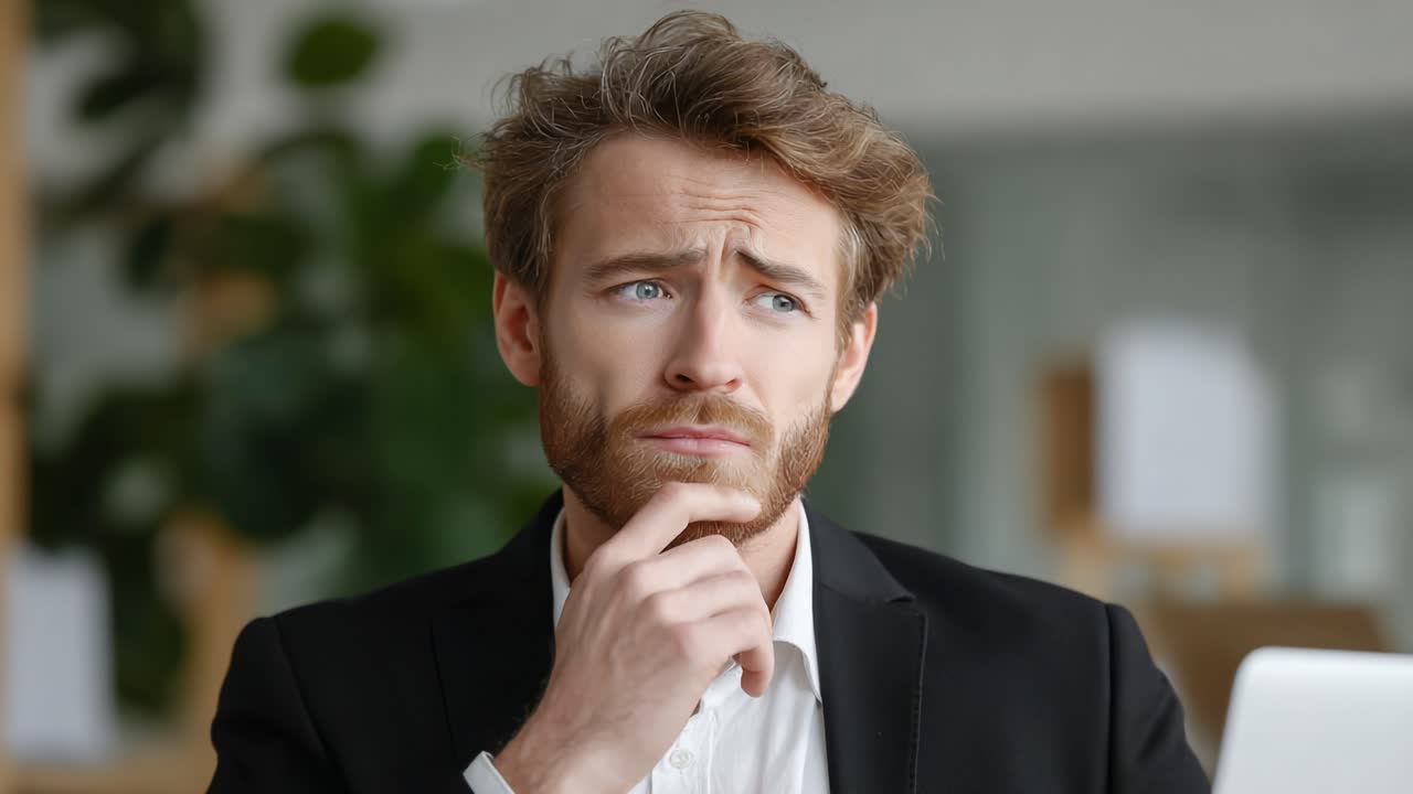A Pensive Young Man in Business Attire Deep in Thought at Work, Contemplating a Challenging Decision in a Modern Office Environment