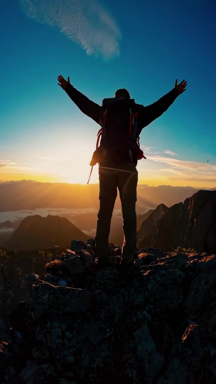 Senderista de pie en la cima de una montaña al amanecer con los brazos levantados
