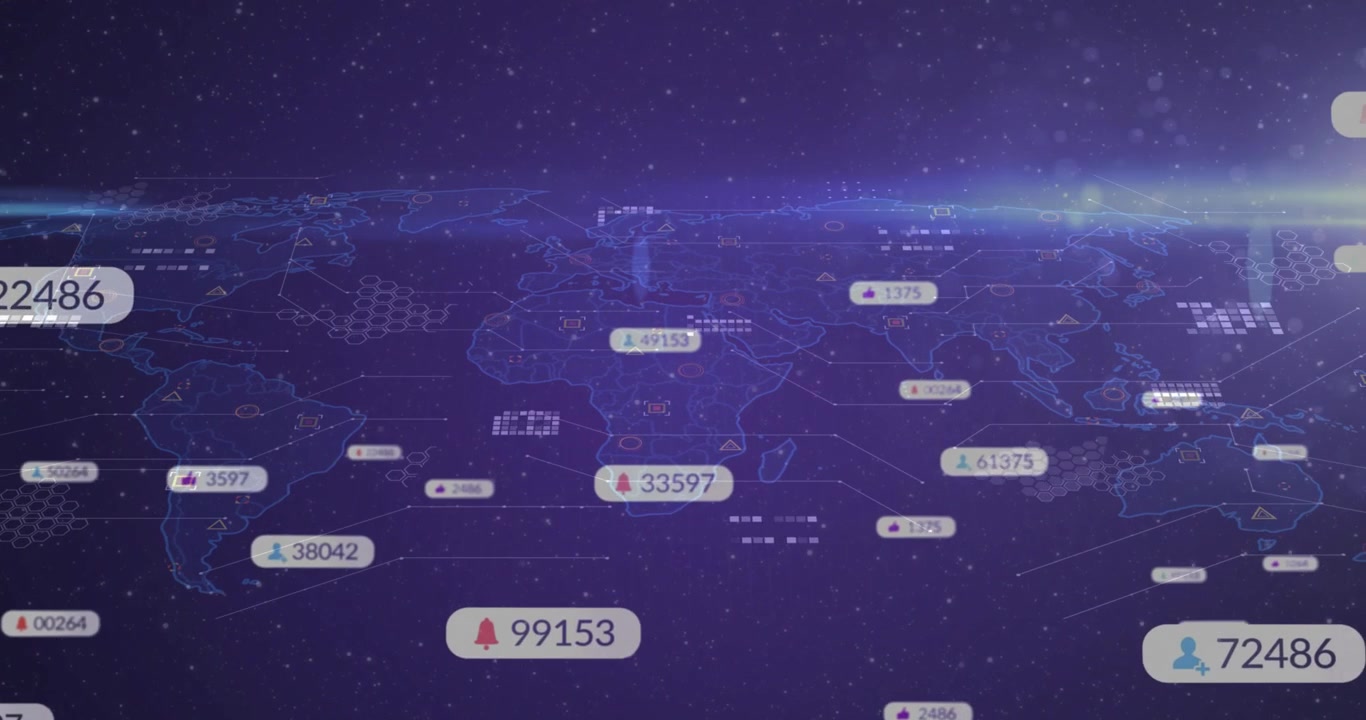 Wireframe world map fading in, data badges drifting over continents, rising counts showing trends