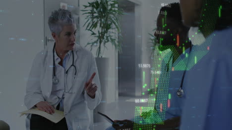animation of multiple graphs with changing numbers over diverse coworkers discussing in hospital