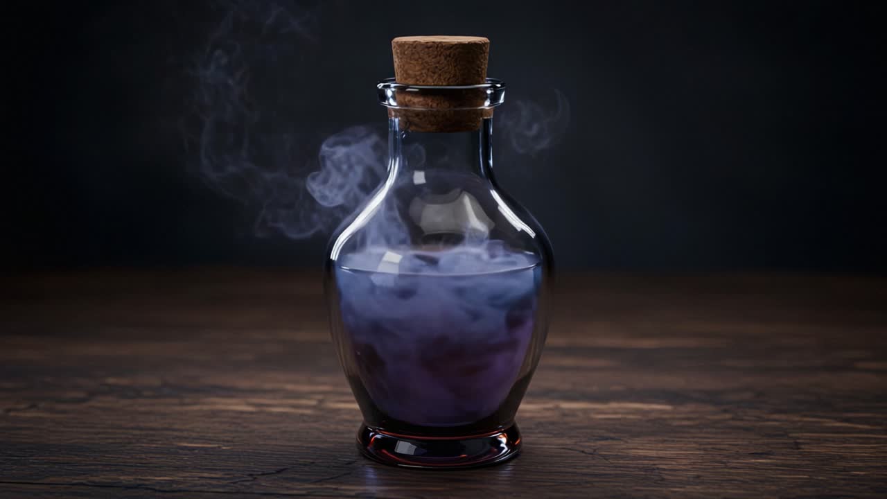 A Mysterious Potion in a Glass Bottle with Purple Smoke, Captured in Two Striking Frames - An Enigmatic Elixir on a Rustic Wooden Surface