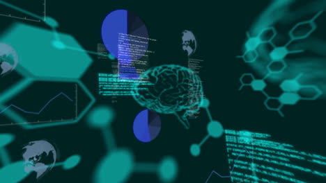Digital data and code processing animation over abstract geometric shapes
