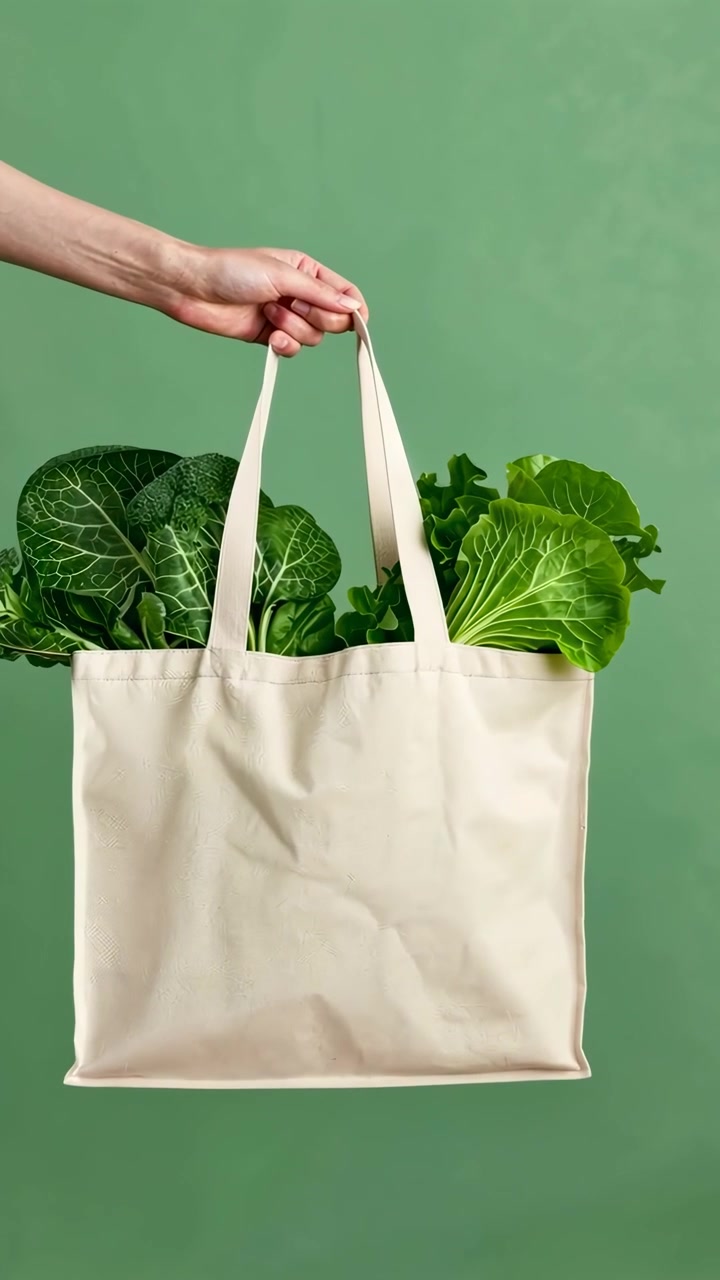 Hand Holding Reusable Tote Bag Full of Fresh Green Vegetables