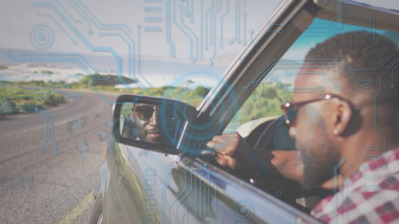 Driver glancing into side mirror, reaching, adjusting mirror for clear view, tech overlay on mirror