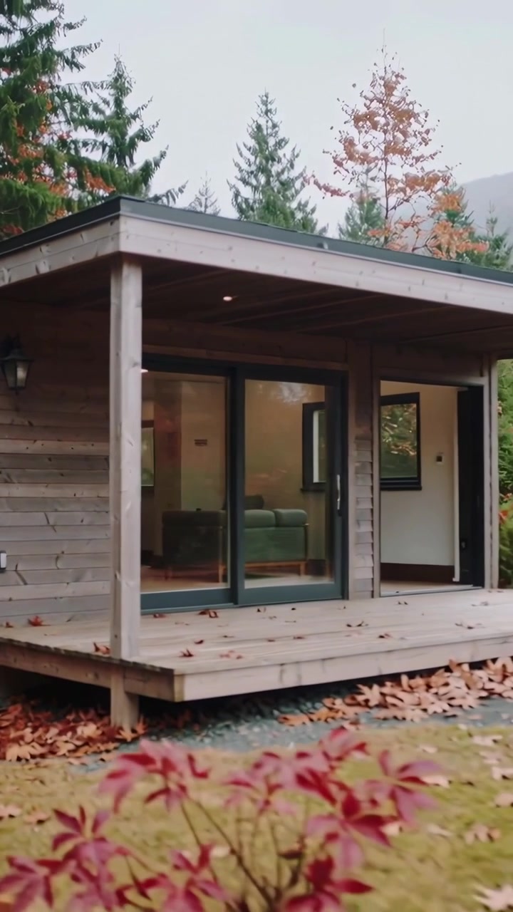 Video verticale: La telecamera si allontana mostrando una piccola baita di legno sul portico, rivelando un divano verde.