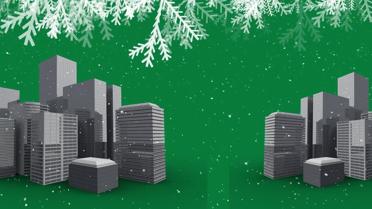 Animazione di neve che cade su decorazioni natalizie e paesaggio urbano su sfondo verde