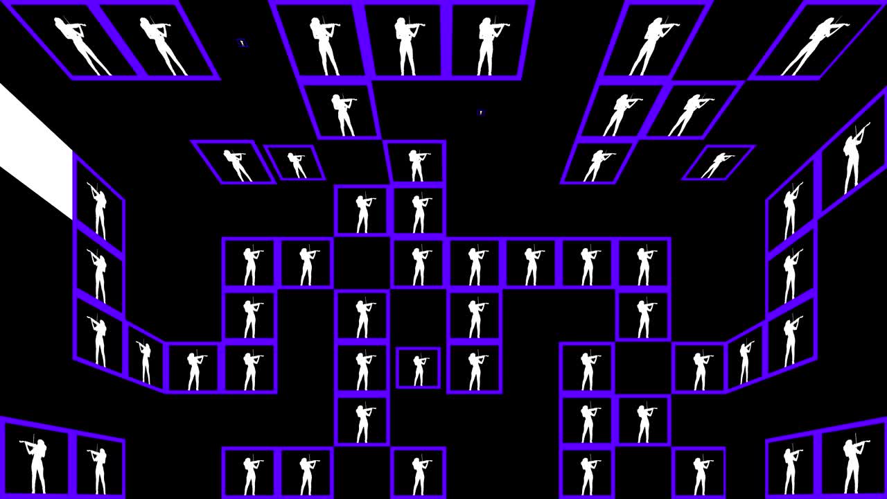 세포의 벽 - 효과. 바이올리니스트의 형상. 방의 관점에서 사각형의 동적 대조 애니메이션, 디지털 픽셀