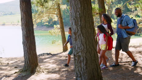 family on hike walking along path through woods next to lake