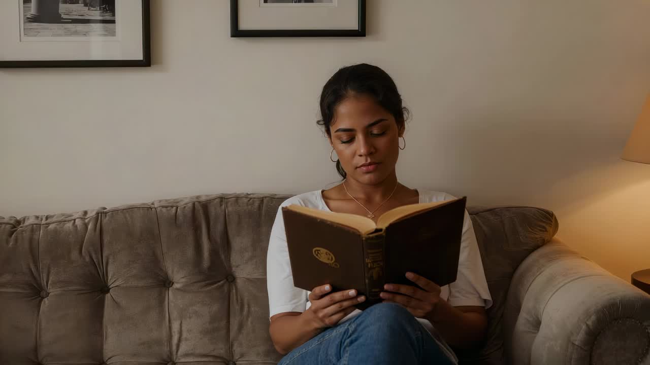 Lesende Frau, weißes Oberteil, blaue Jeans, die ein offenes Buch auf einem getufteten Sofa hält und zum Lernen Wörter formt