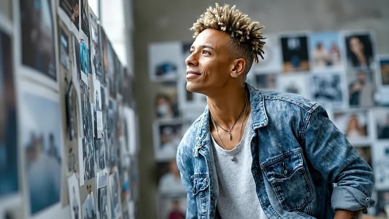 A young man standing in front of a wall of photos