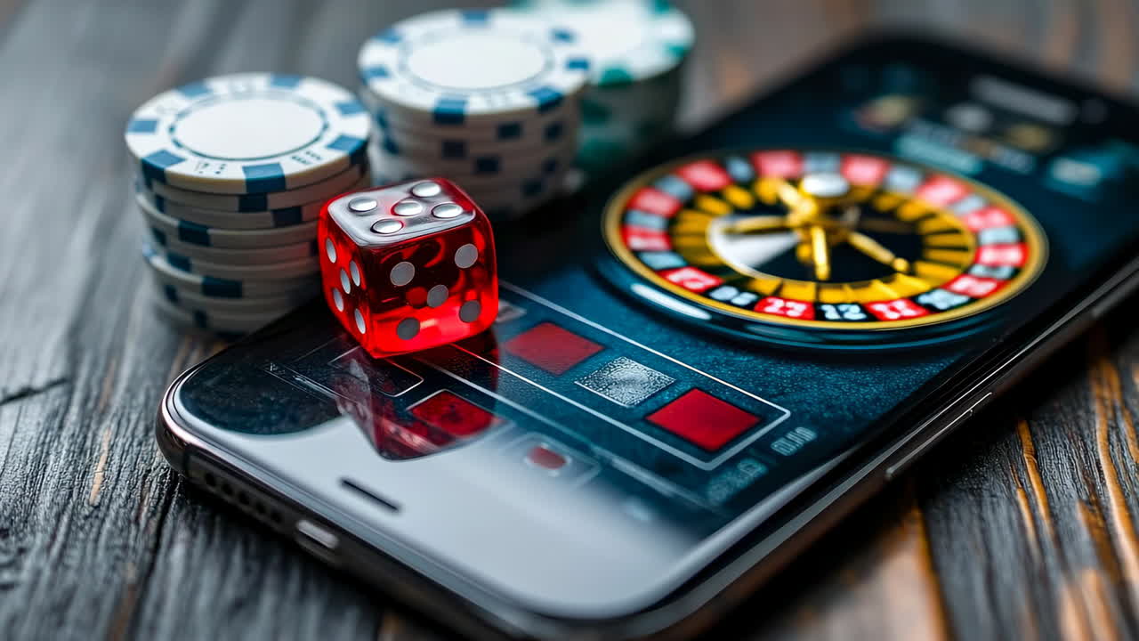 Casino roulette on smartphone. A roulette wheel and poker chips displayed on a smartphone screen