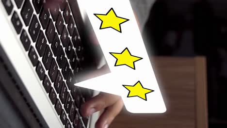 3 star rating by hands on computer keyboard, vertical motion graphics