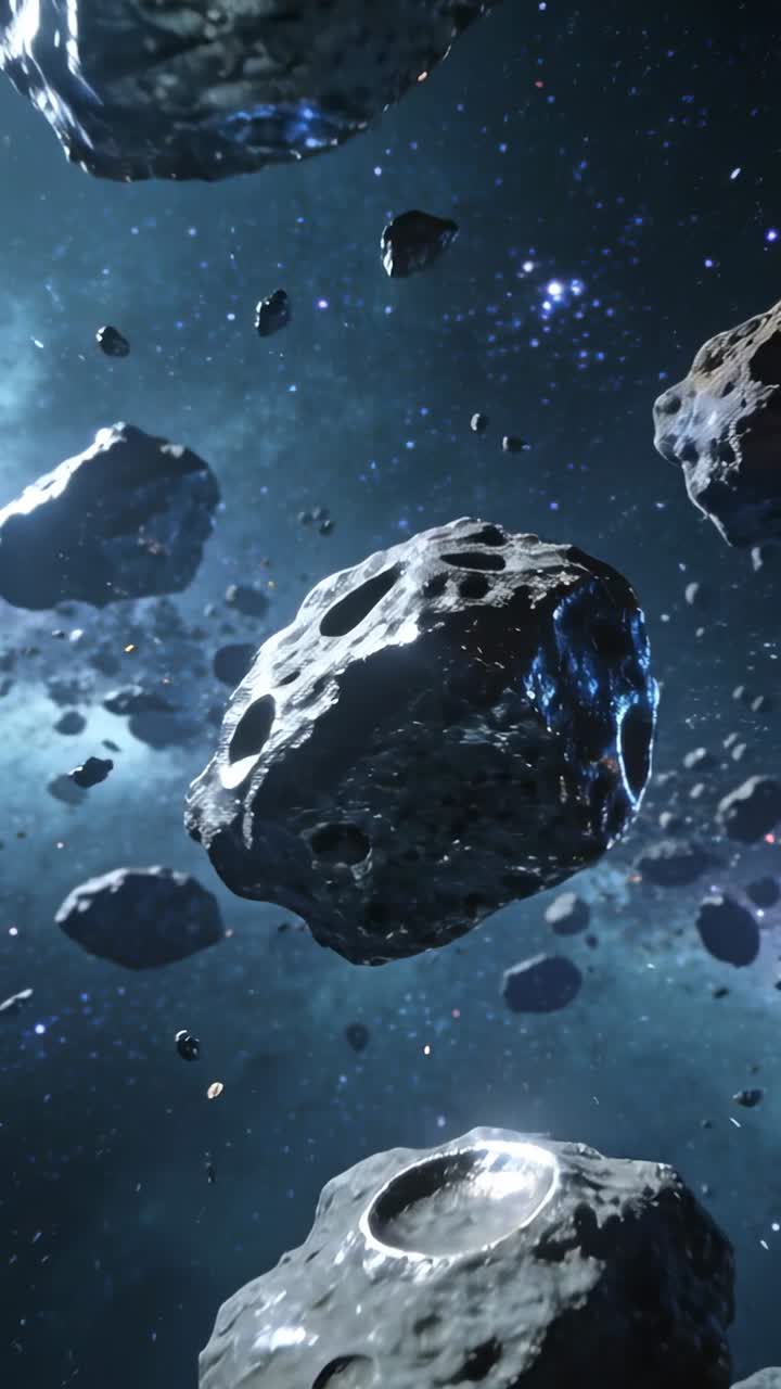 Sorvolo della telecamera che si avvicina a un asteroide butterato che ruota e si sposta, rivelando una vena blu per VFX tecnologici.