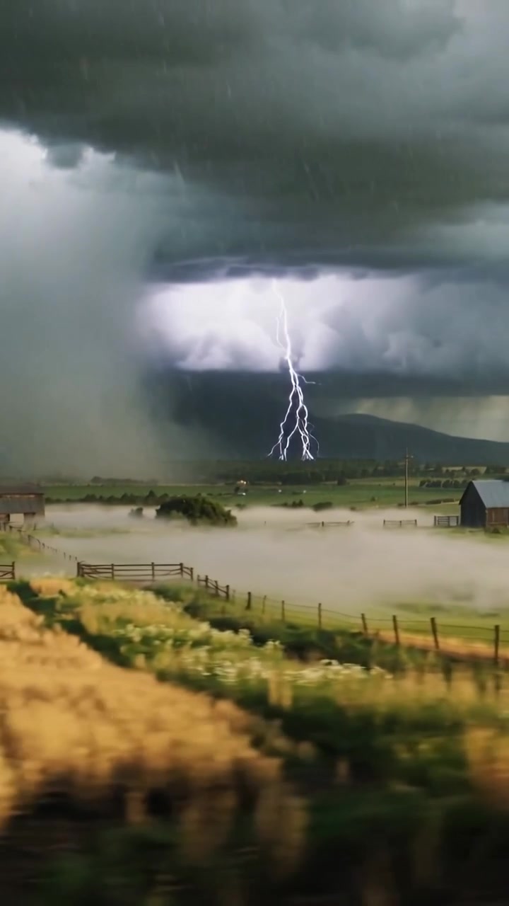 Vertikal video: Et downburst dannes i en stormsky, der producerer lyn over hvede, lader og tåge.