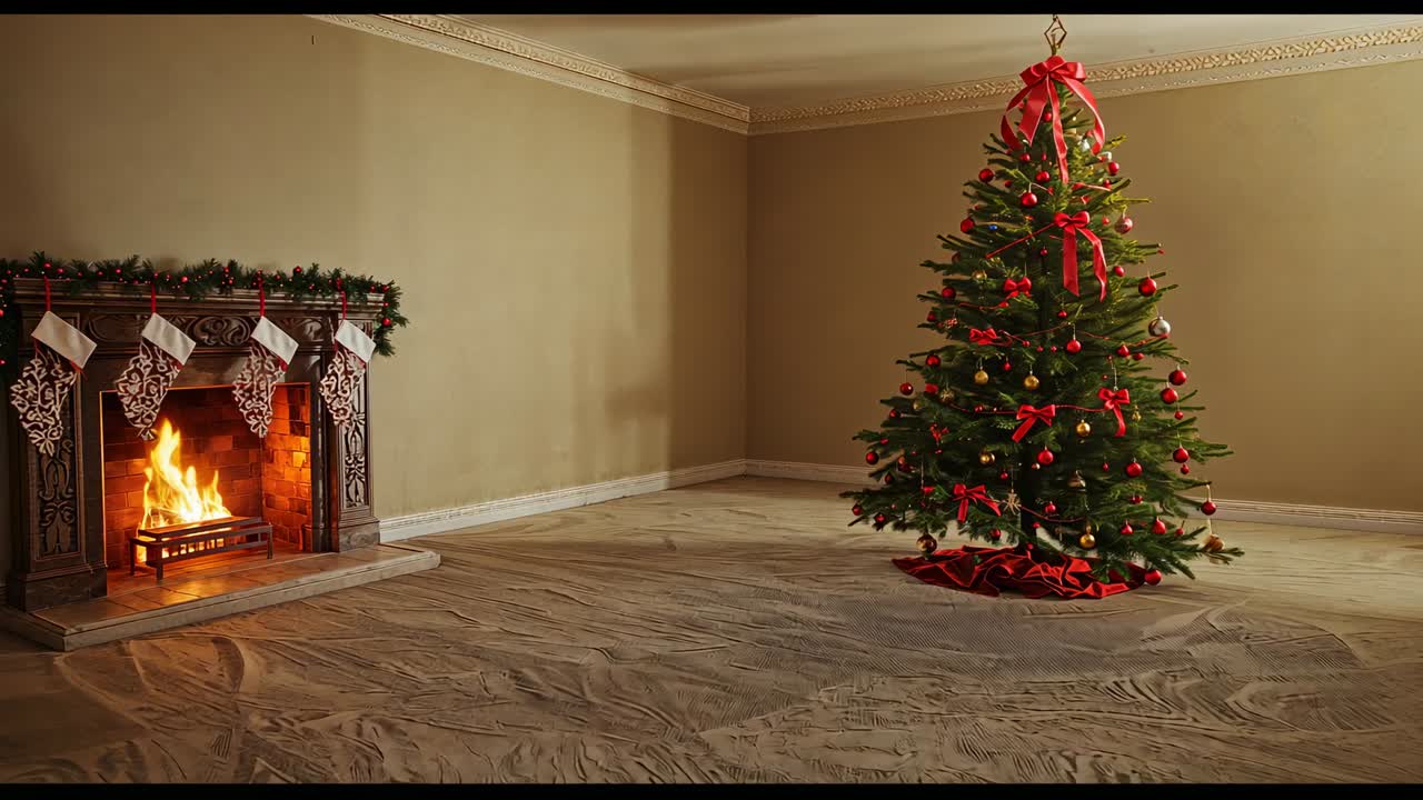 Flickering fireplace flames making Christmas tree ornaments catch glints in living room, copy space