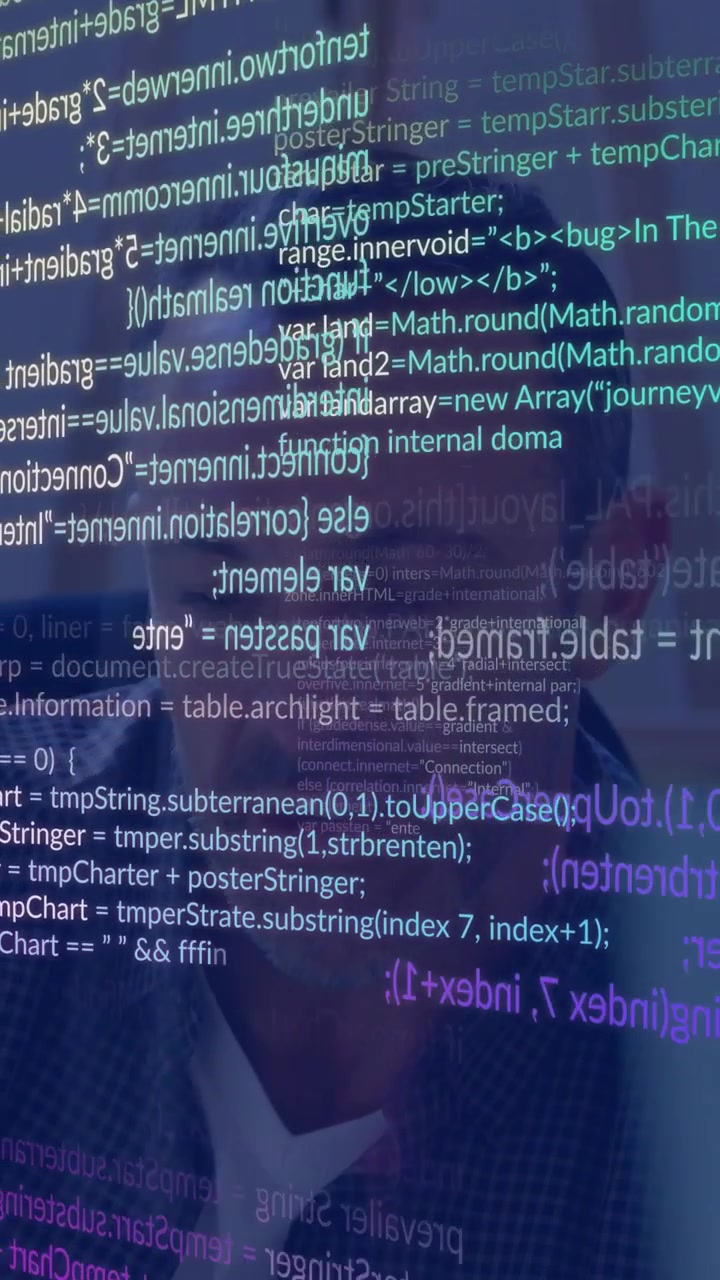 Vertical video: Monitor showing code overlay sparking tech dev reading and explaining for audit