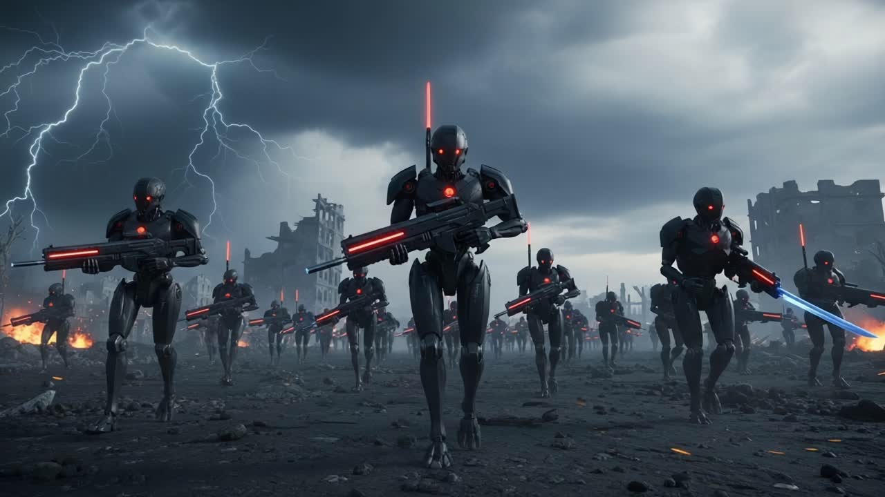 An army of advanced robotic soldiers advances through a desolate battlefield, illuminated by lightning and destruction, showcasing a tense sci-fi confrontation in a dystopian future