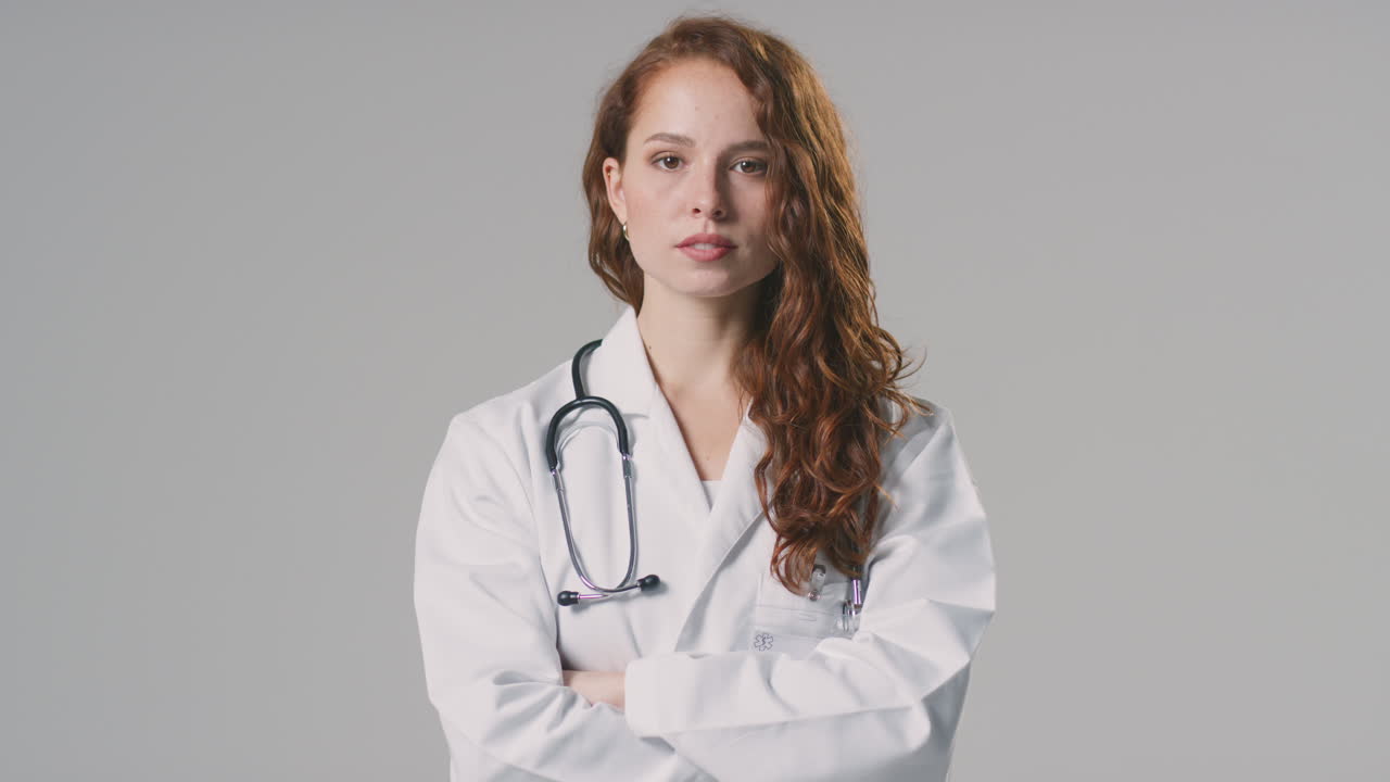 Studio Portrait Of Serious Female Doctor With Stethoscope In White Coat Against Plain Background