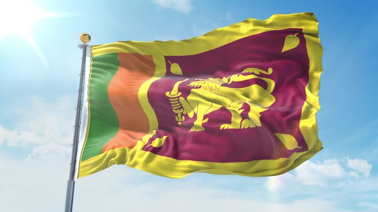Sri Lanka flag waving in the wind against deep blue sky. National theme, international concept. 3D Render Seamless Loop 4K