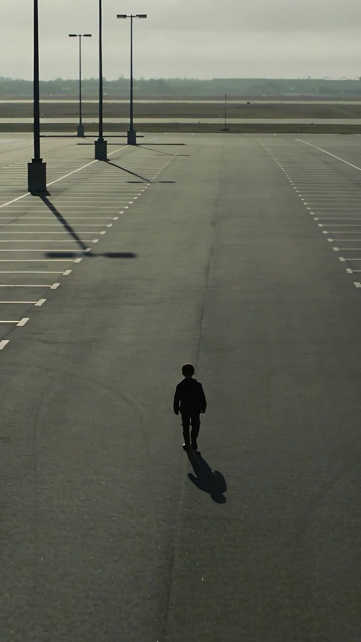 Vertical video: Walking small boy in dark coat leaving camera across empty lot with painted lines